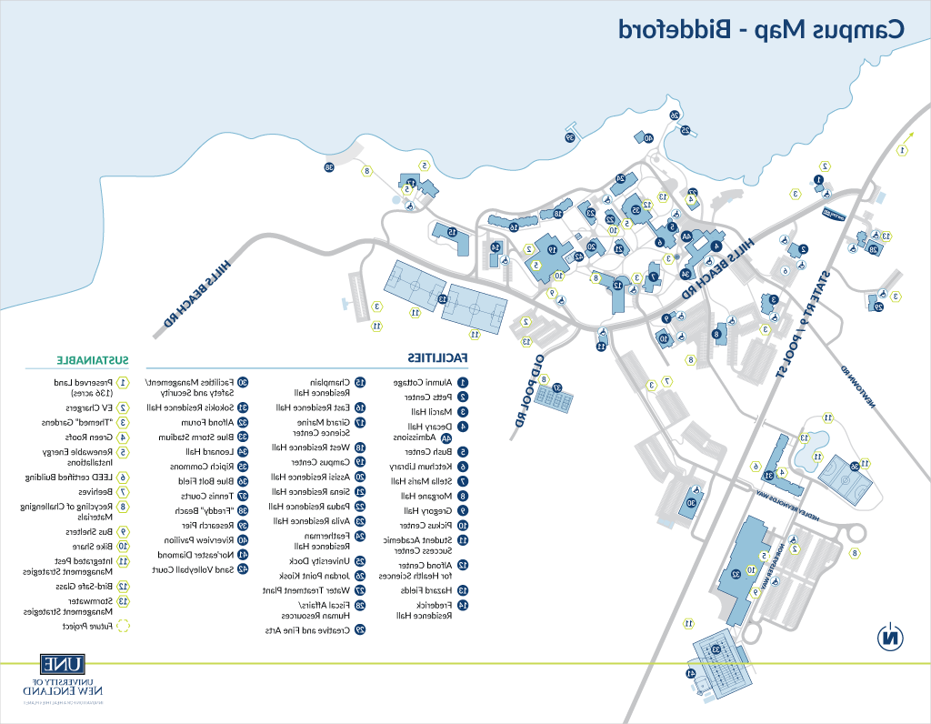 An illustrated map of the Biddeford Campus