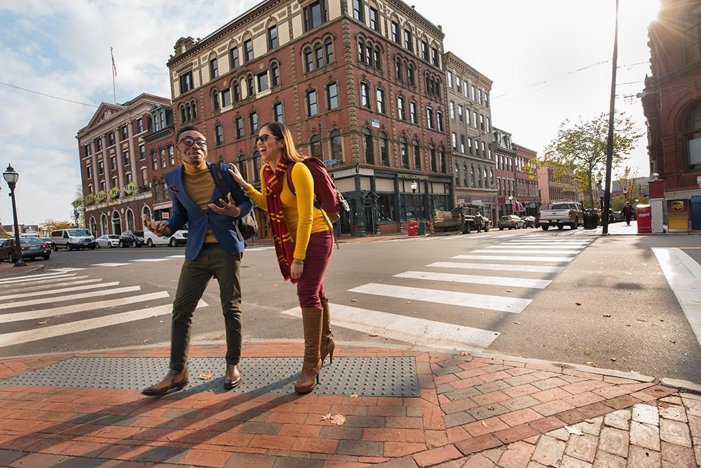 Brick buildings and cobblestone streets of downtown Portland, Maine