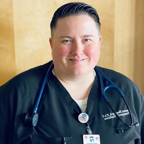 Photo of a woman in scrubs with a stethoscope, smiling, overlaid against a blue background